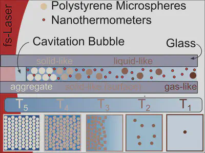 Artistical representation of a DSA experiment using polystyrene microbeads with nanothermometers.